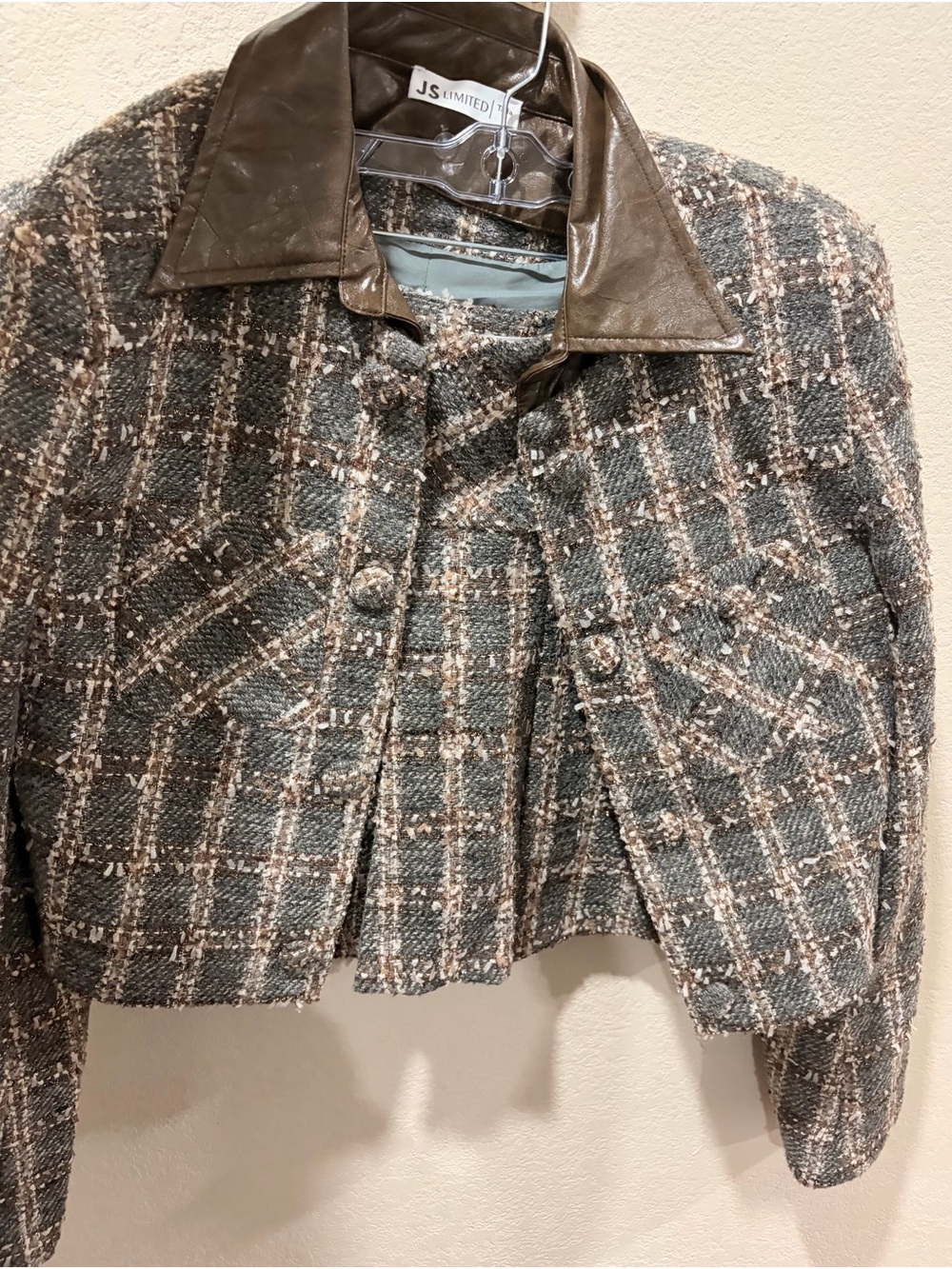 The Limited Tweed Cropped Jacket with Brown Leather Collar - Gray/Brown